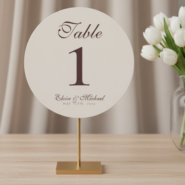 Tarjeta Festiva Simple Número de Mesa de Boda Marrón Neutral (Guide guests to their seats in style with this Neutral Brown Wedding Table Number Sign!)