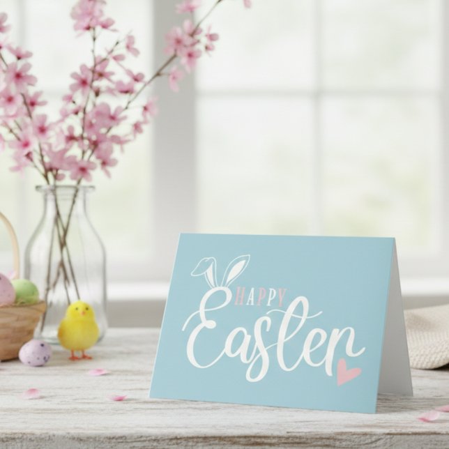 Tarjeta Festiva Simple Pastel Rosa y Azul Cuidad Feliz Pascua (Simple Pastel Pink & Blue Cute Happy Easter Holiday Card)