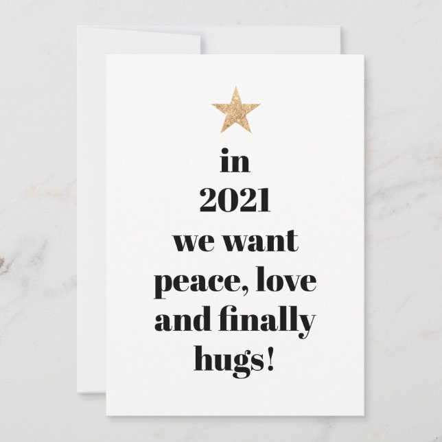Tarjeta Festiva Simple Peace, Love & Finally Hugs Humor Quote 2021 (Anverso)