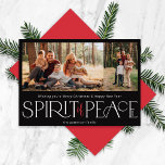 Tarjeta Festiva Simple Peace Photo Black Red<br><div class="desc">Estas simples tarjetas de felicitación con fotos de las vacaciones incluyen el saludo, "Deseándote una Feliz Navidad y un Feliz Año Nuevo", junto con el saludo, "Espíritu de paz", en grandes letras de marfil y rojo sobre un fondo negro con marcadores de posición para agregar dos de tus fotos favoritas,...</div>
