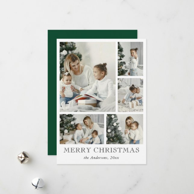 Tarjeta Festiva Simple Photo Collage Green Christmas Holiday Card (Anverso/Reverso In Situ)