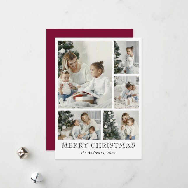 Tarjeta Festiva Simple Photo Collage Red Christmas Holiday Card (Anverso/Reverso In Situ)