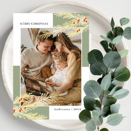 Tarjeta Festiva Simple Pine Branches Gold &  Green Photo Christmas