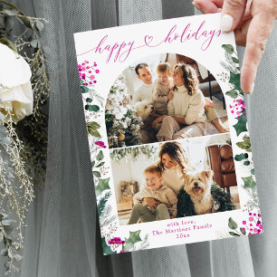 Tarjeta Festiva Simple Pink 2 Photo Happy Holidays Card