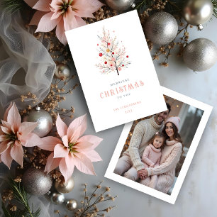 Tarjeta Festiva Simple Pink Original Modern Christmas Tree Photo