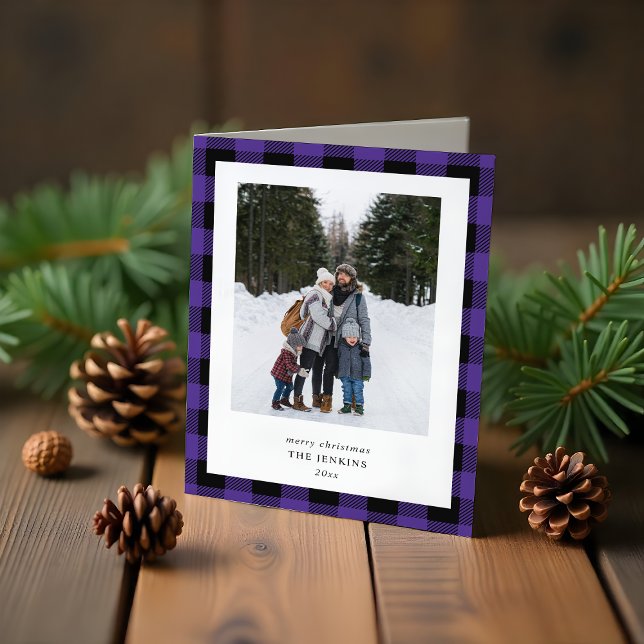 Tarjeta Festiva Simple Purple Black Plaid Border 3 Photo Christmas (Subido por el creador)
