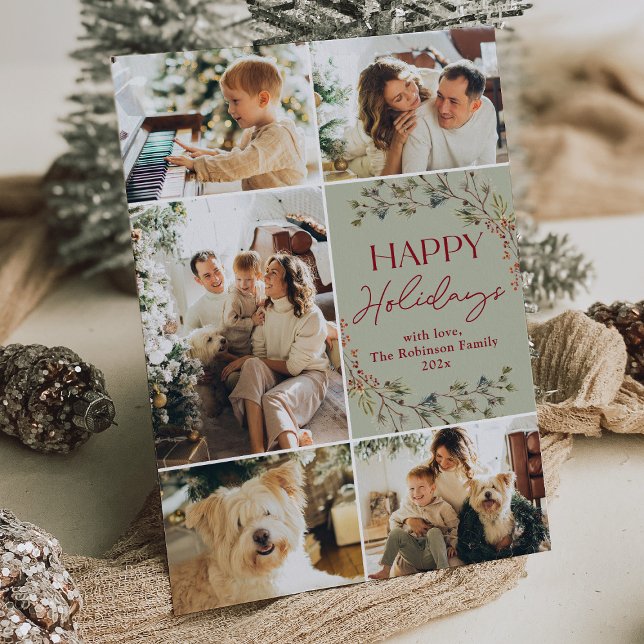 Tarjeta Festiva Simple Red Green 5 Photo Happy Holiday Card (Subido por el creador)