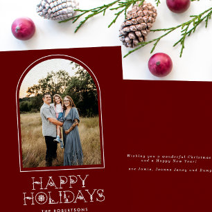 Tarjeta Festiva Simple Scandi Arch Photo Happy Holidays Red