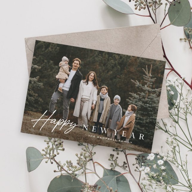 Tarjeta Festiva Simple Script 3 Foto Feliz Año Nuevo (Simple Script Happy New Year Photo Card with elegant typography.)