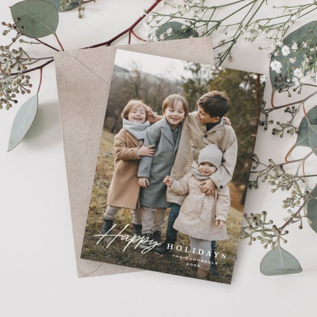 Tarjeta Festiva Simple Script 3 Photo Happy (Simple script photo holiday card with elegant typographic overlay.)