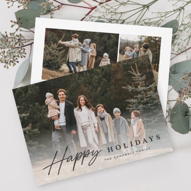 Tarjeta Festiva Simple Script 3 Photo Happy (Modern script happy holidays typography photo holiday card.)