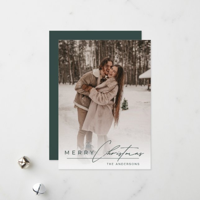 Tarjeta Festiva Simple Script Elegant Photo Green Merry Christmas  (Anverso/Reverso In Situ)