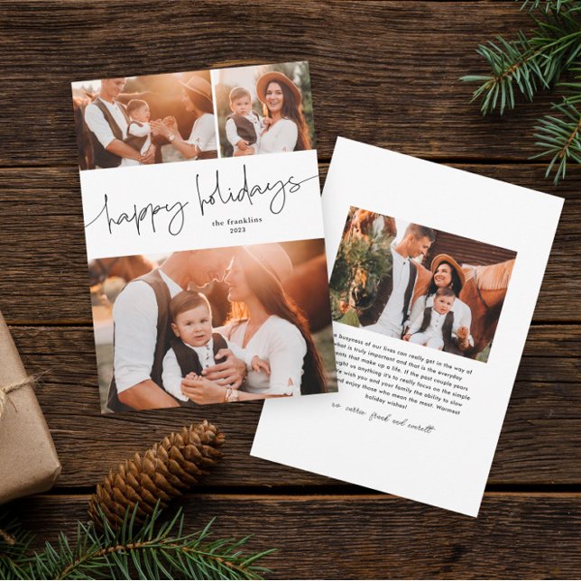 Tarjeta Festiva Simple script feliz vacaciones fotocolage (Modern script happy holidays simple photo collage holiday card.)