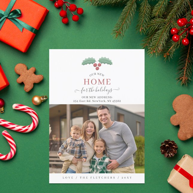 Tarjeta Festiva Simple Script Nuevo Hogar para Festejos Feriados M (Simple Script New Home for Holidays Photo Moving Holiday)