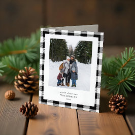 Tarjeta Festiva Simple WHITE Black Plaid Border 3 Photos Christmas