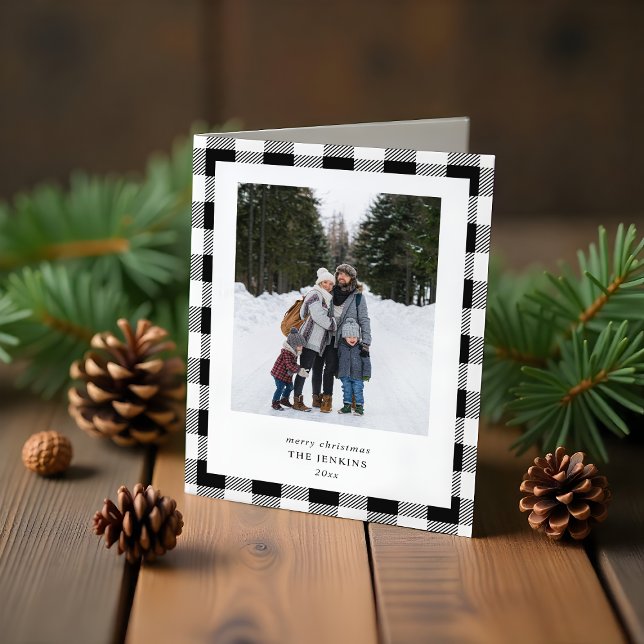 Tarjeta Festiva Simple WHITE Black Plaid Border 3 Photos Christmas (Subido por el creador)