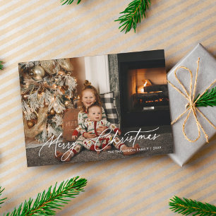 Tarjeta Festiva Simple White Merry Christmas Script Overshot Photo