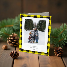 Tarjeta Festiva Simple Yellow Black Plaid Border 3 Photo Christmas
