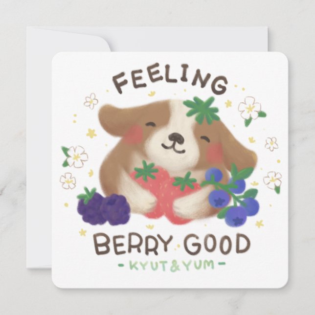 Tarjeta Festiva Sintiéndose Fresa: Perrito con Fresas (Anverso)