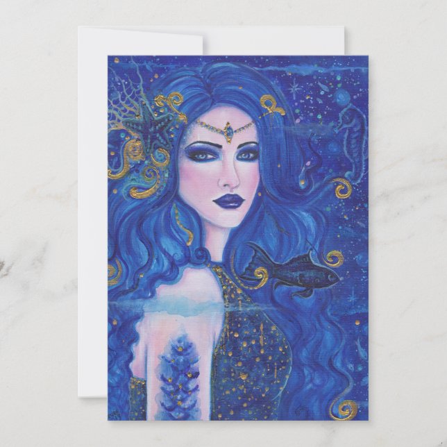 Tarjeta Festiva Sirena de zafiro con acentos dorados de Renee Lavo (Anverso)