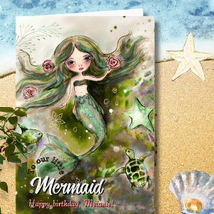 Tarjeta Festiva Sirena y Tortuga Marina de Acuarela Caprichosa Cum