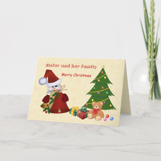 Tarjeta Festiva Sister.Christmas.Santa, árbol, oso de peluche, (Anverso)