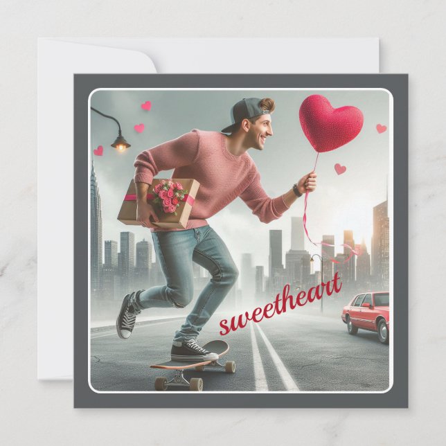 Tarjeta Festiva Skateboarding con Regalo Valentine (Anverso)