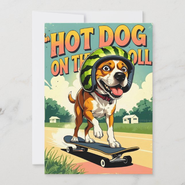 Tarjeta Festiva Skateboarding Dog Summer Funny Retro Beach  (Anverso)