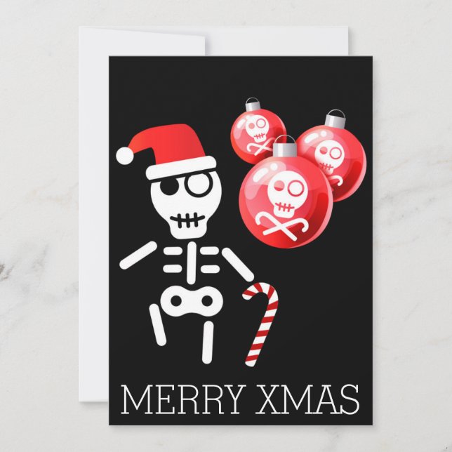 Tarjeta Festiva Skeleton con lata de caramelo, sombrero santa (Anverso)