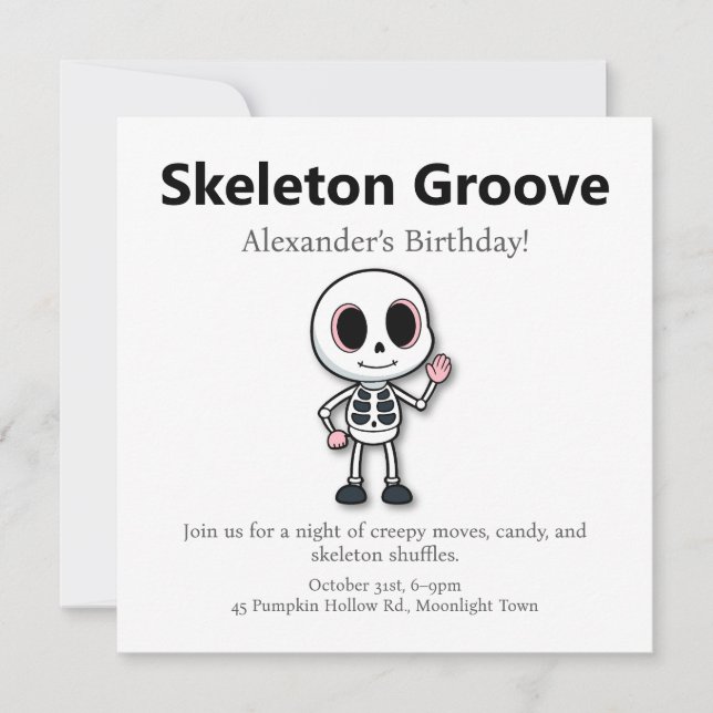 Tarjeta Festiva Skeleton Fun | Fiesta de cumpleaños de Halloween (Anverso)