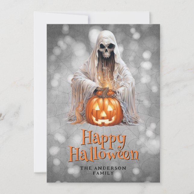 Tarjeta Festiva Skeleton Ghost Jack OHappy Halloween (Anverso)