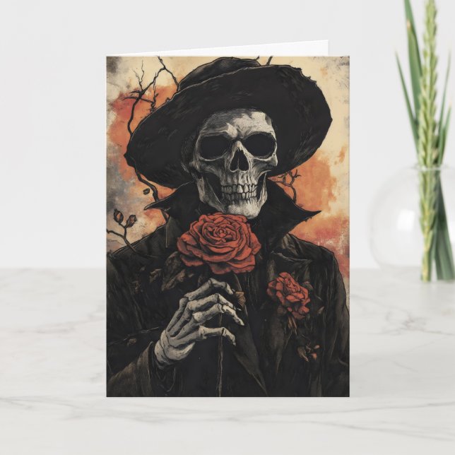 Tarjeta Festiva Skeleton Rosa Romántico (Anverso)