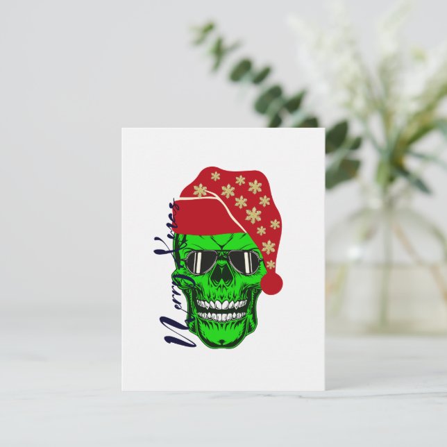 Tarjeta Festiva Skeleton Santa Hat (Anverso de pie)