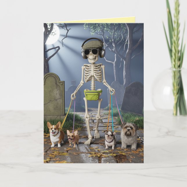 Tarjeta Festiva Skeleton Walkin' the Dog Card (Anverso)