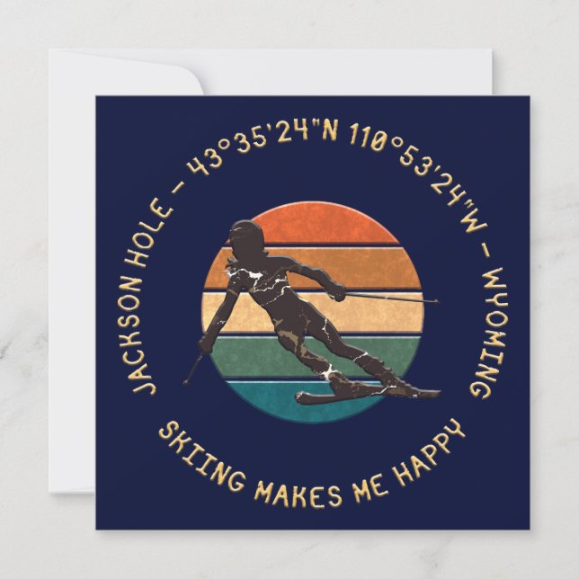 Tarjeta Festiva Ski Jackson Hole, Wyoming - Esquiadora En Negro (Anverso)