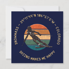 Tarjeta Festiva Ski SnowMass, Colorado - Esquiadora, texto amarill