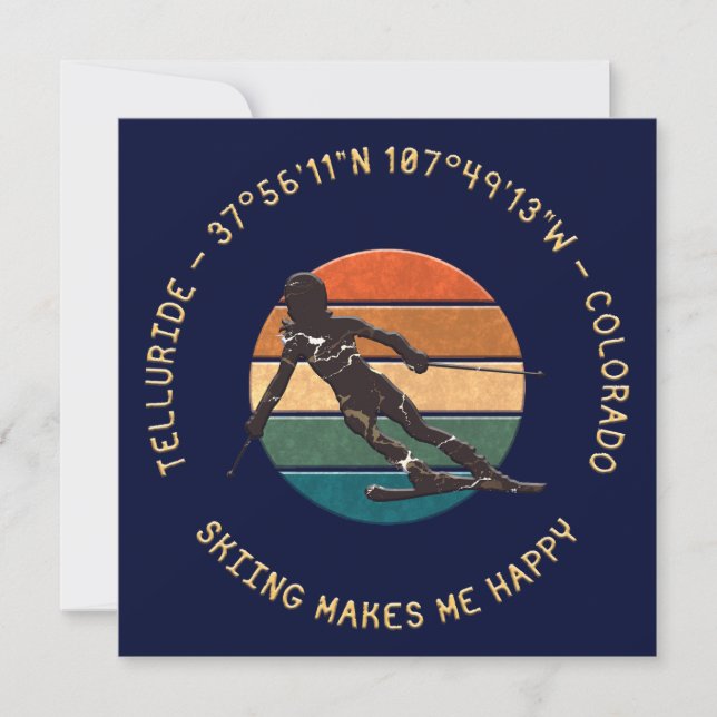 Tarjeta Festiva Ski Telluride, Colorado - Esquiadora, Golden Text (Anverso)