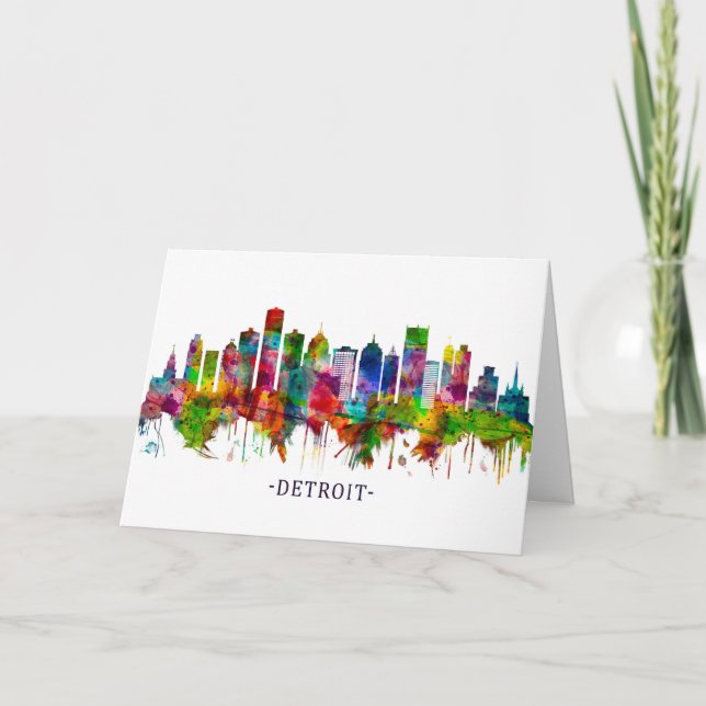 Tarjeta Festiva Skyline de Detroit Michigan (Anverso)