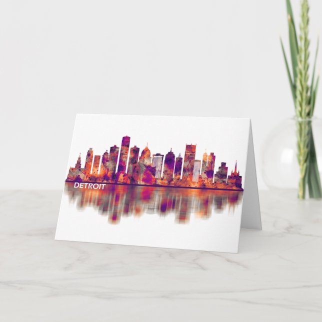 Tarjeta Festiva Skyline de Detroit Michigan (Anverso)