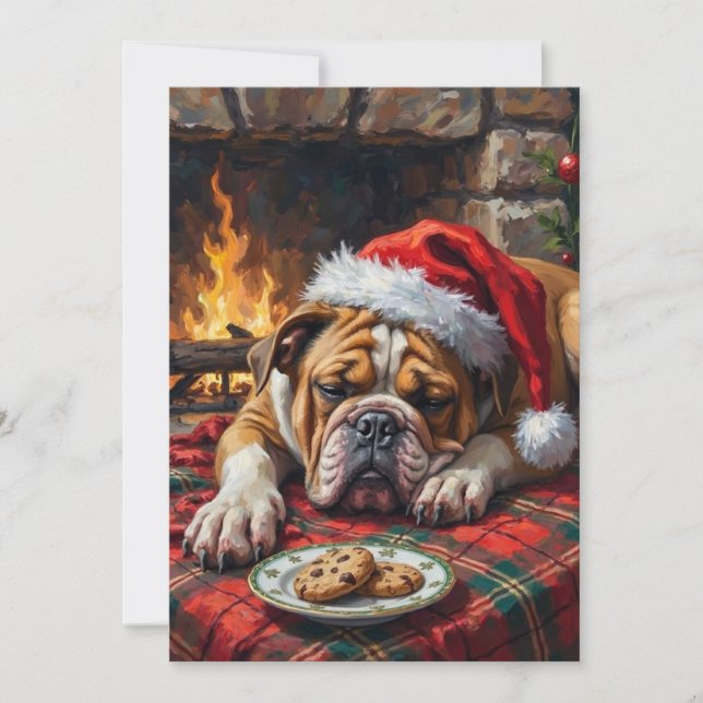Tarjeta Festiva Sleepy Bulldog Dog Fast Asleep Santa Hat Christmas (Anverso)
