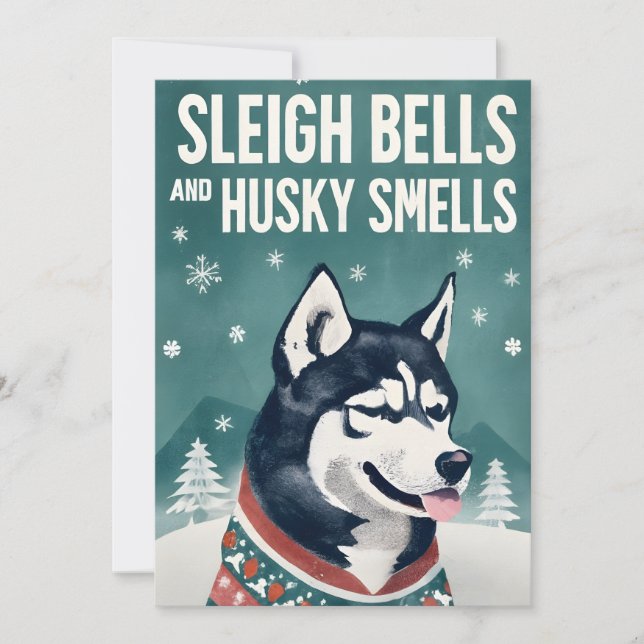 Tarjeta Festiva Sleigh Bells y Husky huelen a los Navidades Husky (Anverso)