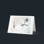 Tarjeta Festiva Smily Snowman from Reno Watercolor<br><div class="desc">Smily Snowman sending Hello from Reno. Watercolor by Eugenia Maskina. A small picture of snowman is inside on the left side of the card.
On the back side there are logos of Zazzle and CreekWatchArt and text about the media,  author and location.</div>