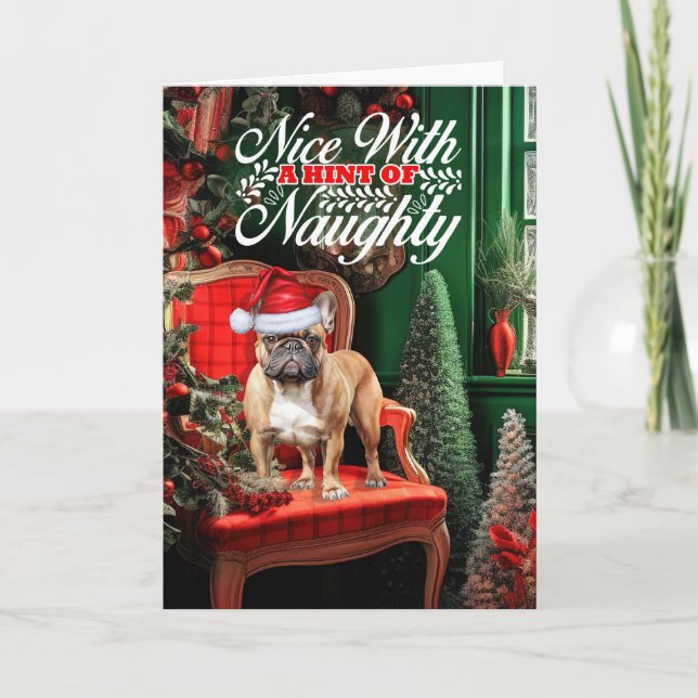 Tarjeta Festiva Smooth Tan Frenchie Navidades Dog Naughty Nice (Anverso)