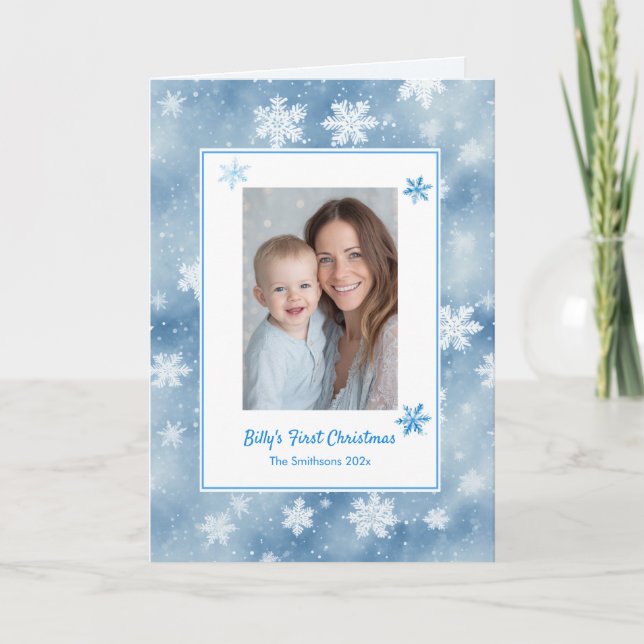 Tarjeta Festiva Snflakes Baby Boy Blue Photo First Christmas (Anverso)