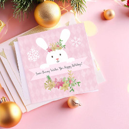 Tarjeta Festiva Snow Bunny Rosa Dorado Poinsettia Hoppy