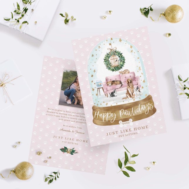 Tarjeta Festiva Snow Globe Pink Couch Home Mascota Sitting Busines (Subido por el creador)