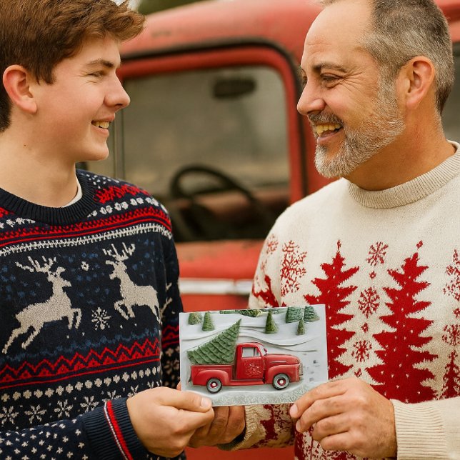 Tarjeta Festiva Snow Scene with Red Truck Christmas  (Red truck Christmas card for Dad or Grandpa perfect for sons, teens, and truck lovers.)