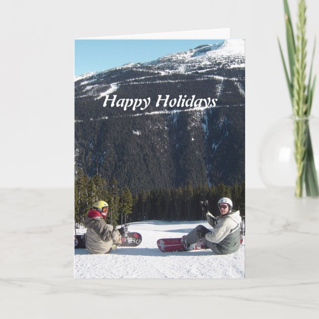 Tarjeta Festiva Snowboarders con vistas panorámicas a la montaña (Anverso)