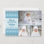 Tarjeta Festiva Snowflake Blue Sweater Warm Winter Wiers 3 fotos<br><div class="desc">Envíe WISHES DE INVIERNO CÁLIDO esta temporada de vacaciones de los Navidades con un collage de fotos de 3 fotos y un cómodo diseño de patrón de suéter de chispas de copos de nevado azul nórdico. ASISTENCIA: Para obtener ayuda con la modificación o personalización del diseño, el cambio de color,...</div>