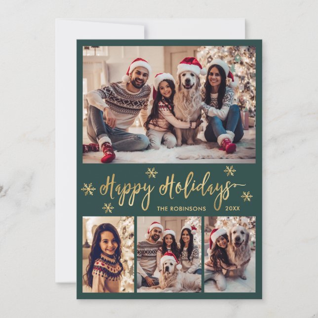 Tarjeta Festiva Snowflake Green and Gold 5 Photo Collage Happy  (Anverso)